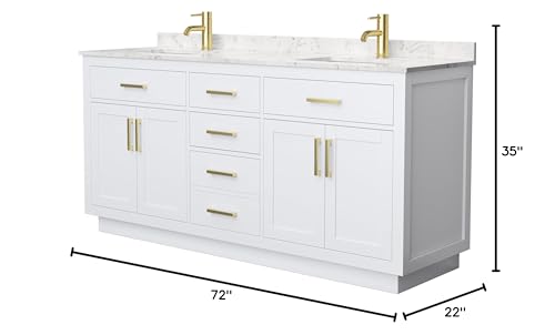 Wyndham Collection Beckett 72 Inch Double Bathroom Vanity with Toe Kick in White, Carrara Cultured Marble Countertop, Undermount Square Sinks, Brushed Gold Trim Wyndham Collection