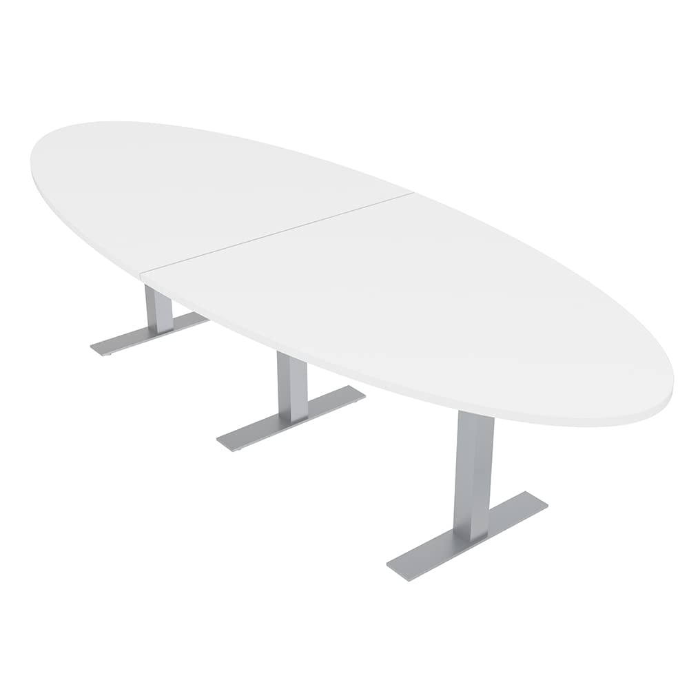 Harmony Series 10 Person Conference Table with Brushed Silver Metal T-Bases | 12 Ft Modular Oval Meeting Table | Scratch-Resistant Thermally-Fused Laminate | Made in USA | White SKUTCHI DESIGNS INC.