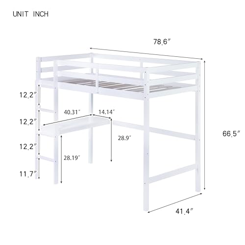 Twin Size High Loft Bed with Built-in Desk,Rubber Wood Loft Beds for Kids with Ladder & Safety Guardrail,Space-Saving Study and Sleep Combination,Wooden Frame for Bedrooms,Easy Assembly,White GDFStudio