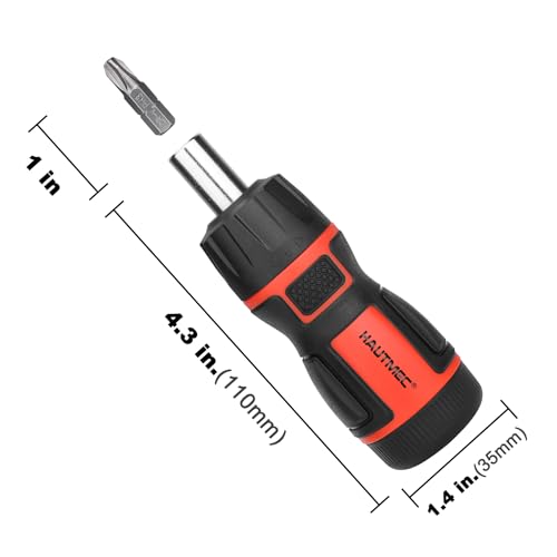 HAUTMEC 6-in-1 Stubby Ratcheting Screwdriver Set, Multi Screwdriver Tool All in One, Ratchet Screwdriver Set with Multi Bit Screw Driver, Chrome Vanadium Steel Shaft, 3PCS Phillips and 3PCS Slotted HAUTMEC