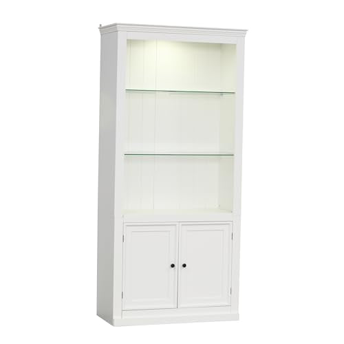 Virubi 78.75" Farmhouse Tall Bookcase Display Cabinet with Storage and LED Light, 5 Colors Adjustable, Wood Mid Century Modern Bookshelves with Shelves for Living Room, Office, Freestanding, White Virubi