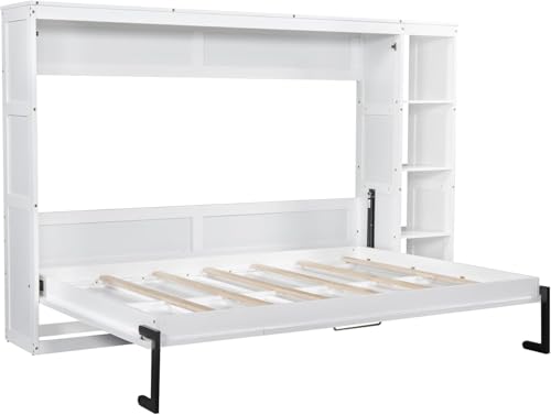 Virubi Full Horizontal Murphy Bed with Storage Shelves,Wood Fold Up Modern Murphy Wall Bed Cabinet with Storage Bookcase for Adults (White,Full) Virubi