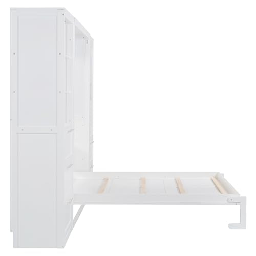 Quarte Modern Queen Size Murphy Bed with Closet, Drawers and Shelves, Cabinet Bed Folding Wall Bed for Guest Room, Office (White@1) Quarte