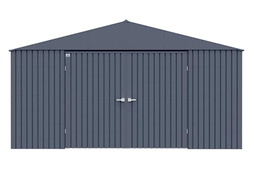 Arrow Shed Elite 14' x 12' Tall Outdoor Steel Storage Shed with High Gable and Lockable Doors Storage Building, Anthracite Arrow