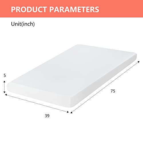 FDW | 5 Inch Twin Mattress | Medium Firm | Gel Memory Foam Mattress | White | Bed in a Box, CertiPUR-US Certified | Pressure Relief, Cooling Ventilated Foam | Washable Removable Cover FDW
