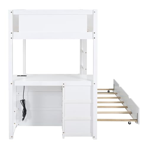 Ball & Cast Twin-Over-Twin Bunk Bed with Twin Size Trundle,Solid Wood Bedframe W/Desk & Drawers,USB,Space Saving,Easy Assembly,Multifunctional Bedroom Furniture Set for Boys Girls Teens,White Ball & Cast