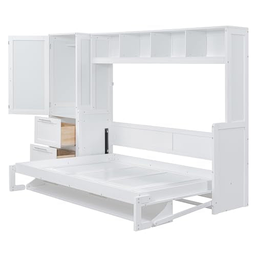 YOPTO Queen Size Horizontal Murphy Bed,Hidden Folding Wall Bed Frame with Built-in Top Shelf,Side Wardrobe & 2 Storage Drawers,Multipurpose Platform Bed,Space Saving,for Guest Room,Home Office,White YOPTO