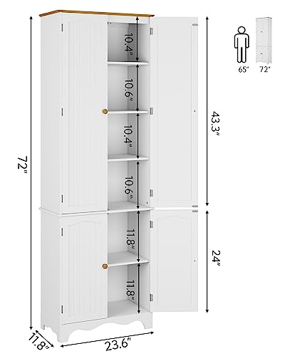Yusong 72'' Tall Kitchen Pantry Cabinet, Freestanding Storage Cabinet with Doors and Shelves, Wooden Food Pantry Farmhouse Cupboard Buffet for Kitchen Dining Living Room, White Honey Yusong