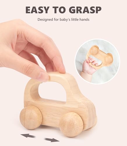 Wooden Baby Cars Toys, Montessori Toys for Babies 0-6-12 Months, Wooden Toys for Toddlers 1-3, Boy Nursery Neutral Nursery Decor Wood Rattle Baby Push Cars TUOWITA