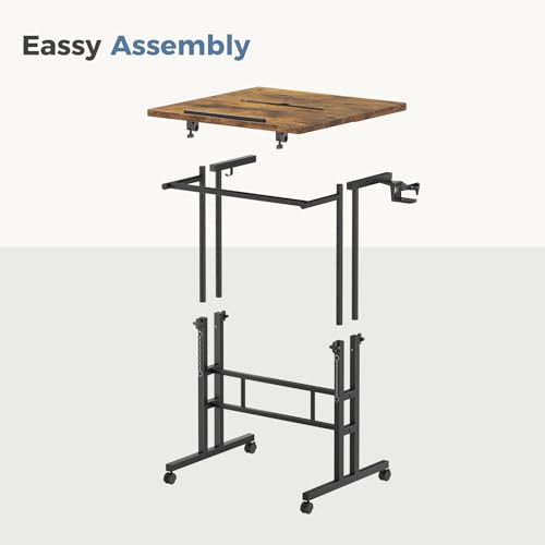 DUMOS Split Top Rolling Standing Desk, 23.6 Inch Mobile Laptop Computer Desk, Manual Adjustable Height Workstation on Wheels, Sit Stand Office Table, Walking Pad Study Desk, Rustic Brown DUMOS