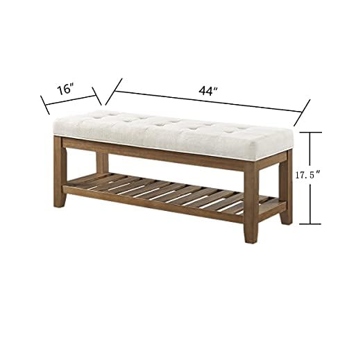 24KF Large Rectangular Upholstered Tufted Linen Ottoman Bench, Padded Bench with Solid Wood Shelf-Ivory 24KF