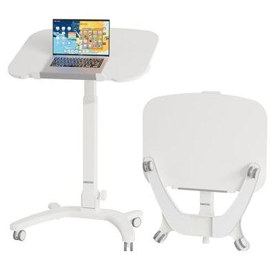BONTEC Mobile Foldable Standing Desk, Portable Adjustable Height Desk with Gas Spring, Small Rolling Laptop Desk with Wheels for Home, Office, Bedroom, and Medical Use, 25.6" x 19.7" Desktop, White