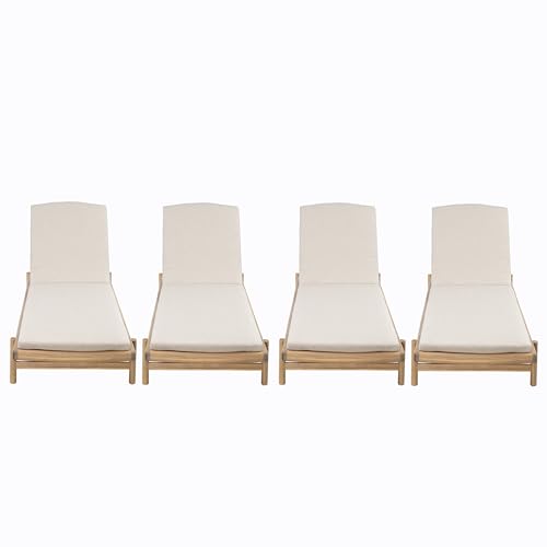 Christopher Knight Home Brolen Acacia Wood Chaise Lounge Chair Outdoor Set of 4, Patio Outdoor Chaise Lounge with Cushions, Adjustable Backrest Lounge Sofa, Wooden Sunbathing Pool Lounger, Teak+Beige