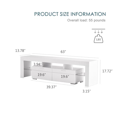 FENFSHE LED TV Stand for 65/70/75 Inch TV, Entertainment Center with Storage Drawer, Industrial TV Console Table for Living Room and Bedrooms, White FENFSHE