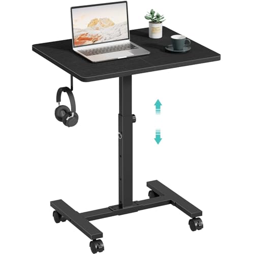 WINAZ Small Portable Standing Rolling Desk - 24 Inch Mobile Sit Stand Desk Adjustable Height with Wheels for Small Spaces Home Office, Kids Couch Laptop Desks Side End Table, Black WINAZ