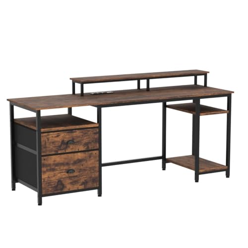 Furologee 61" Computer Desk with Power Outlet and USB Ports, Large Desk with Shelves and Drawer, Writing Study Desk with Fabric File Cabinet and Long Monitor Stand, Gaming Desk for Home Office Furologee