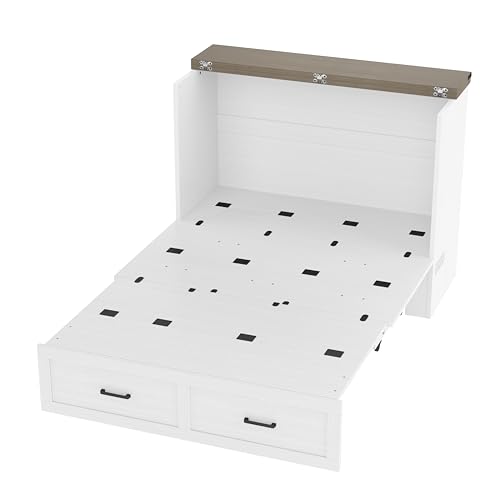 FUvellamo Full Size Murphy Bed Cabinet with Charging Station, Solid Wood Multi-Functional Foldable Platform Bed with Large Storage Drawer for Home Office or Small Room, White FUvellamo