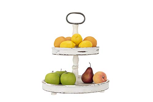 Creative Co-op EC0125 Distressed Wood 2-Tier Tray with Metal Handle, Cream Creative Co-Op