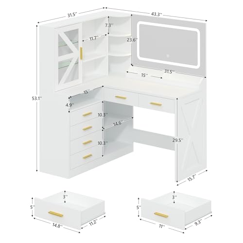 L-Shaped Corner Vanity Desk with LED Lighted Mirror & Charging Station, White Makeup Vanity with 6 Drawers & Sliding RGB Cabinet, Large Farmhouse Dressing Table with Open Storage Shelves for Women CSZZD