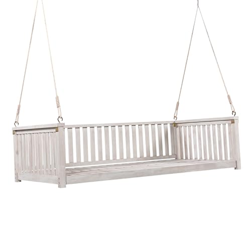 Porch Daybed Swing Outdoor Wooden Swing Bench, Patio Hanging Swing Chair Swinging Bed for Garden, Backyard, Deck, White NCKMYB