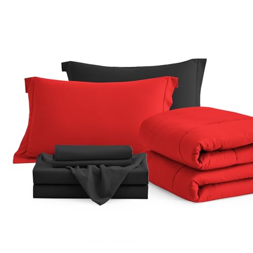 Maple&Stone Queen Size Comforter Set 7 Pieces Bed in a Bag - Down Alternative Bed Set with Sheets, Pillowcases & Shams, Soft Reversible Duvet Insert for Queen Bed, Black and Red Maple&Stone
