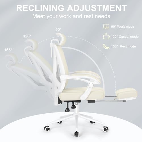 Misolant Ergonomic Office Chair with Footrest, Ergonomic Desk Chair with Adjustable 2D Lumbar Support, High Back Computer Chairs with Adjustable Headrest, Beige Comfortable Executive Office Chair Misolant