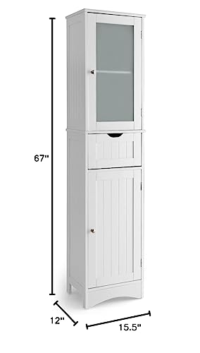 Tangkula 67" Tall Bathroom Storage Cabinet, Slim Freestanding Tower w/ 2 Doors & 1 Drawer, Narrow Floor Cabinet w/Adjustable Shelves & Tempered Glass Door for Bathroom Living Room (White) Tangkula