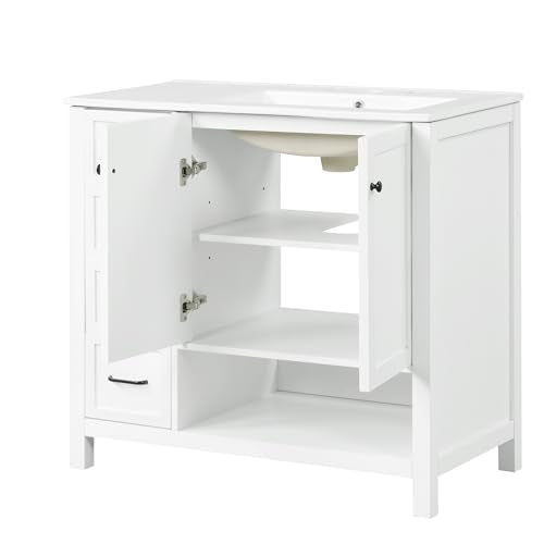 Merax 36" Bathroom Vanities Cabinet with Right Side Sink, Multi-Functional Drawers, Two Soft Closing Doors, Open Shelf, White Merax