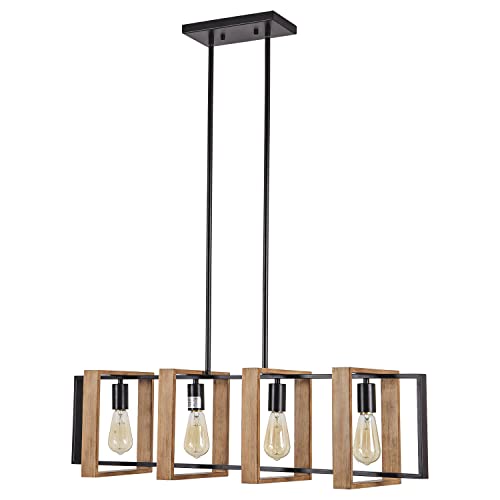 Dining Room Light Fixture Farmhouse Pendant Lights Kitchen Island Rustic Kitchen Light Fixtures 4 Lights Wood and Black Metal Rectangular Chandelier Ceiling Hanging Lighting 35.4" Poroulux