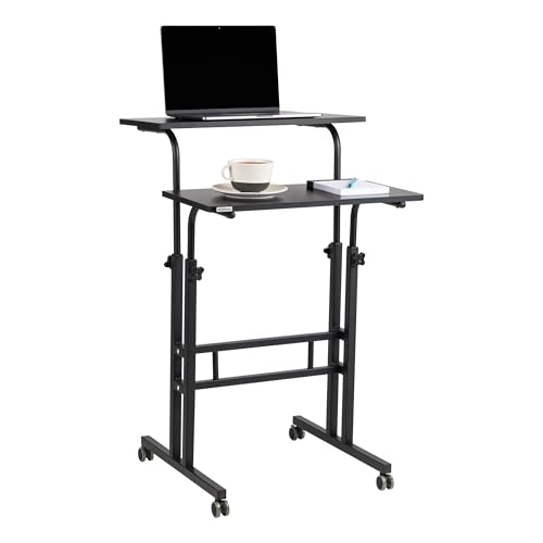 Mind Reader Standing Desk, Adjustable Height Laptop Workstation, Portable Rolling Desk on Wheels, Two-Tier Metal Frame, Black Mind Reader