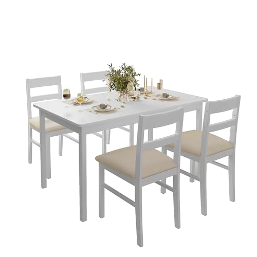 Orweiin 5-Piece Solid Wood Indoor Modern Rectangular Dining Table Set for 4,Table and Chairs 4 Set with Soft Cushions for Kitchen,Bar,Living Room,Breakfast Nook,White Orweiin