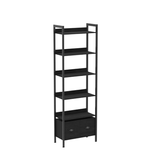Furologee 6-Tier Industrial Bookshelf with 2 Drawers - Black Oak Tall Bookcase for Home Office and Bedroom Furologee