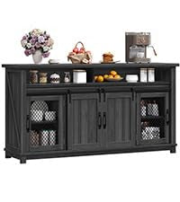 YITAHOME Farmhouse Sideboard Buffet Cabinet, 63" Farmhouse Storage Cabinet with Sliding Barn Doors and Visual Grid Doors, Coffee Bar Cabinet for Kitchen & Living Room, Dark Grey YITAHOME