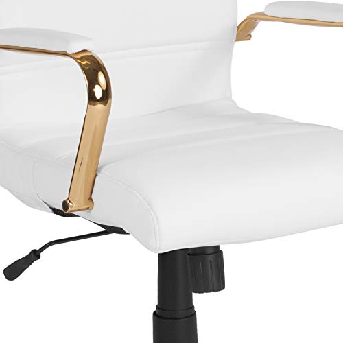 Flash Furniture Whitney Mid-Back Swivel LeatherSoft Desk Chair with Padded Seat and Armrests, Adjustable Height Padded Office Chair, White/Gold Flash Furniture
