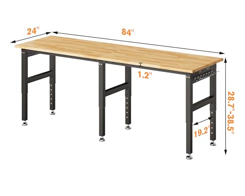 SPECRAFT 84“ Adjustable Heavy Duty Workbench with 4 AC Outlet and 2 USB Ports Power Outlets, 5000 Lbs Capacity, Rubber Wood Top for Garage, Workshop, Office SPECRAFT