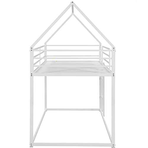 Merax Modern Heavy Metal House Low Bunk Bed Twin Over Twin, Montessori Floor Bunk Bed Frame with Full-Length Guardrail/No Box Spring Needed White Merax