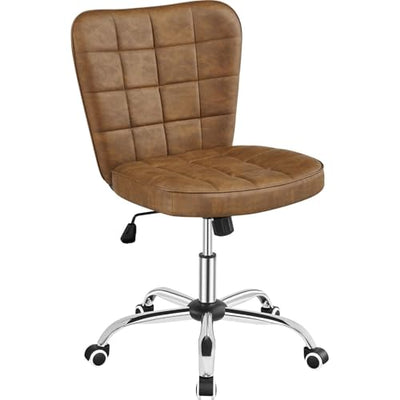 Yaheetech Armless Desk Chair Modern Tufted Office Chair Faux Leather Upholstered Computer Chair with Adjustable Seat Height and Rolling Wheels for Home/Office, Retro Brown