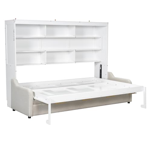 Quarte Queen Size Murphy Bed with Folding Sofa & Built-in Storage Shelves, Space-Saving Wall Bed Frame with LED Lights, Safety Lock, Easy Assembly Quarte