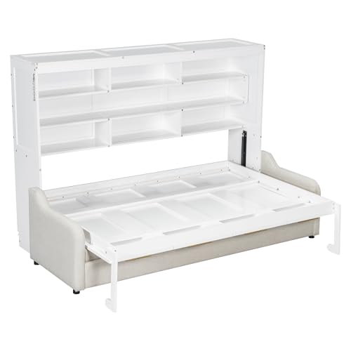SOFTSEA Full Size Murphy Bed with Sofa and Shelves, Horizontal Murphy Bed Cabinet with LED Light, Hidden Wall Bed with Foldable Couch Space-Saving for Guest Room Bedroom Office, Beige SOFTSEA