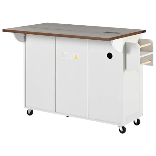 YOPTO Farmhouse Kitchen Island with Power Outlet,Kitchen Storage Island W/Internal Storage Rack,Drop Leaf,Spice Rack,Rolling Kitchen Cart on Wheels for Home,Kitchen and Dining Room,White,54.5" YOPTO