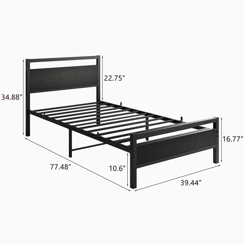 HOJINLINERO Black Twin Bed Frame with Wood Headboard,Metal Single Platform Bed Frame Twin Size No Box Spring Needed,Heavy Duty Metal Slats Support,Mattress Base,Noise Free,Easy Assembly,Black HOJINLINERO
