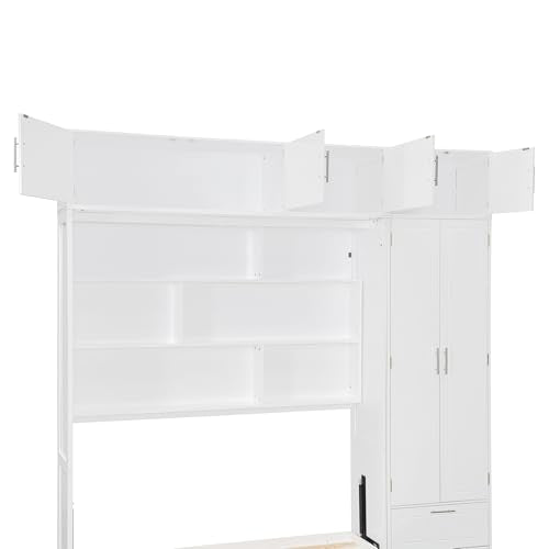 Merax Murphy Bed Queen with Wardrobe and Top Cabinet, Murphy Bed Cabinet Queen with 2 Drawers and Storage Shelves, No Box Spring Needed, White Merax