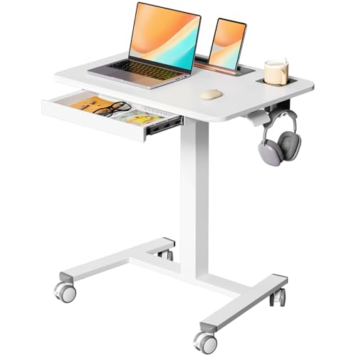 JYLH JOYSEEKER Mobile Standing Desk with Drawer, 28" Rolling Desk with Cup Holder and Hooks, Portable Laptop Cart on Wheels, Height Adjustable Workstation with Storage for Home Office, White JYLH JOYSEEKER