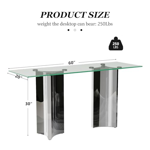 Asday Silver and Glass Console Table, 60 Inch Sofa Table, Silver Rectangle Entryway Table with Polished Mirror Base for Living Room, Hallway Asday