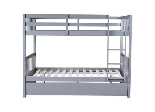 PVWIIK Full Over Full Bunk Bed with Twin Trundle, 3-in-1 Solid Rubberwood Loft Bed Converts to 2 Full Beds, Includes Ladder & Guardrails, Grey PVWIIK