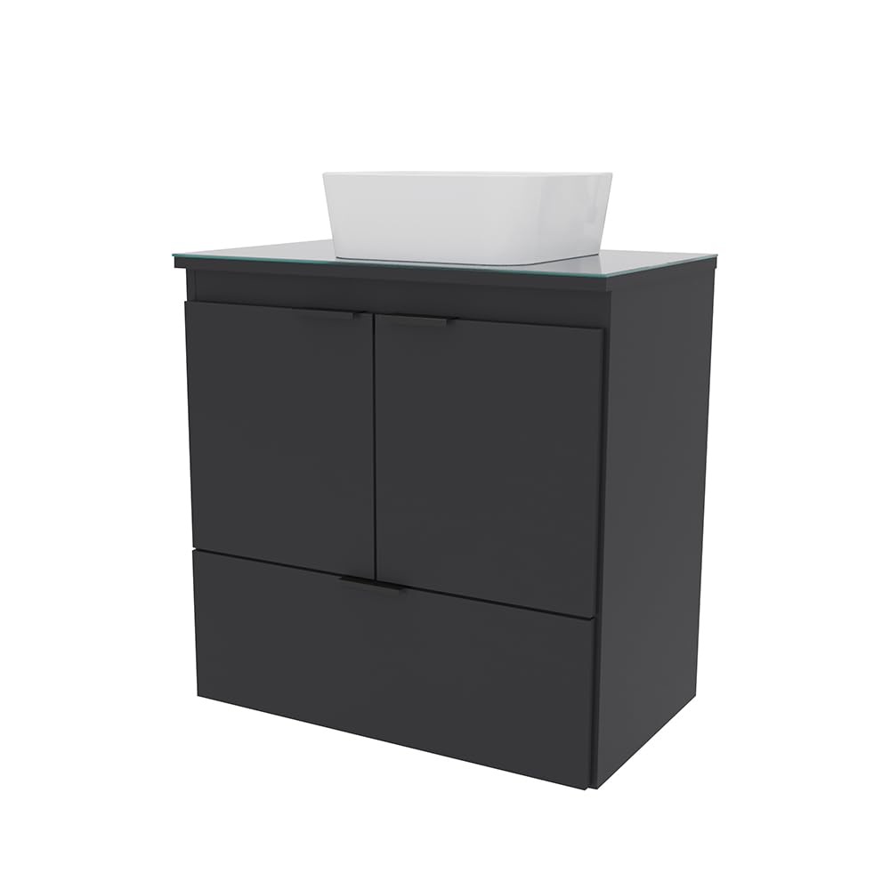 COZIMAX Cabinet and Sink Soul 24" Floating Bathroom Vanity with White Ceramic Sink, Tempered Glass Countertop, Soft Close Doors, 1 Drawer, Wall Mount (Black) COZIMAX