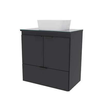 COZIMAX Cabinet and Sink Soul 24" Floating Bathroom Vanity with White Ceramic Sink, Tempered Glass Countertop, Soft Close Doors, 1 Drawer, Wall Mount (Black)