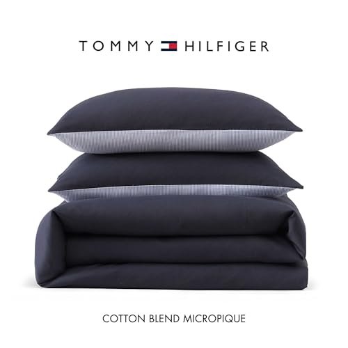 Tommy Hilfiger - Queen Comforter Set, Soft & Breathable Micro Piqué Cotton Bedding, Medium Weight Feel for Year Round Comfort, 3 Piece Bed Set with Matching Pillowcases (Navy) Tommy Hilfiger