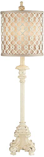 Regency Hill French Country Traditional Candlestick Buffet Table Lamp Vintage 34" Tall Skinny Ivory Off White Metal Lattice Double Shade for Living Room House Home Entryway Dining Family Regency Hill
