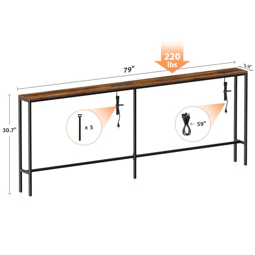 Bathola Narrow Sofa Table with 2 Power Outlets, 79” Thin Console Tables Narrow Long, Behind Couch Table Skinny, Wood Console Tables for Entryway, Living Room, Hallway, Foyer, Rustic Brown Bathola